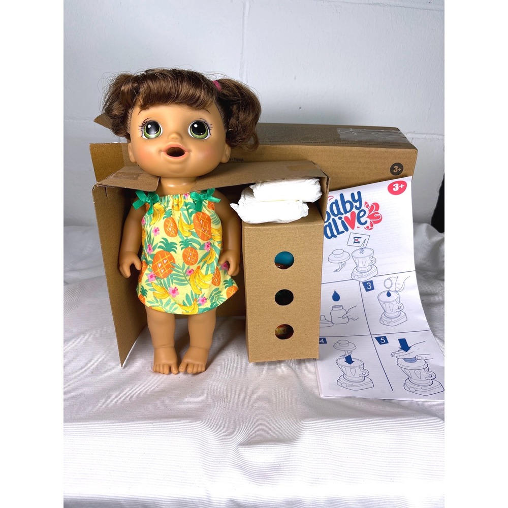 Baby Alive Magical Mixer Baby Doll Tropical Fruit Dress Brown Hair E6944 Hasbro